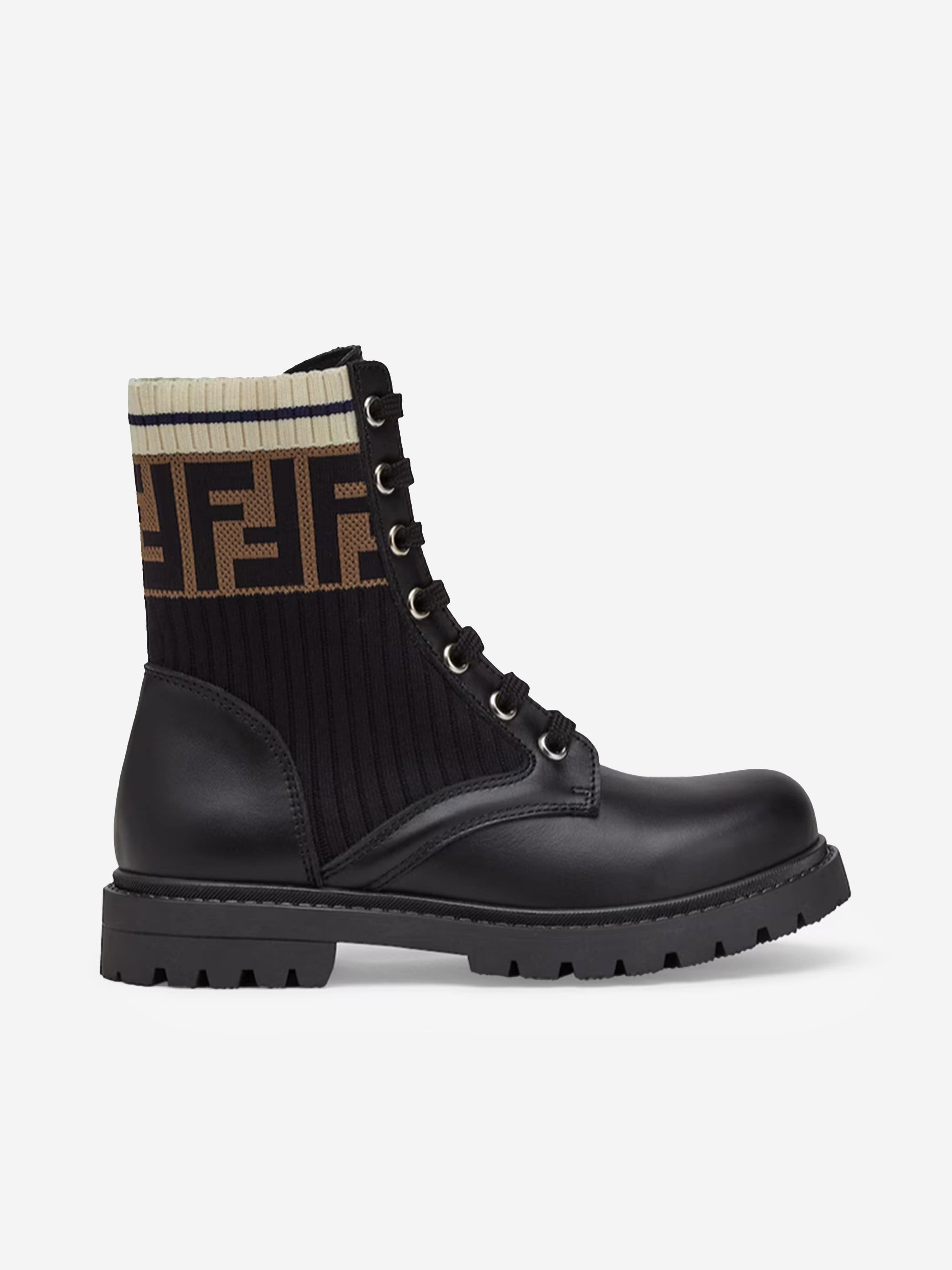 Fendi Kids Fendi Kids Leather FF Logo Biker Boots in Black