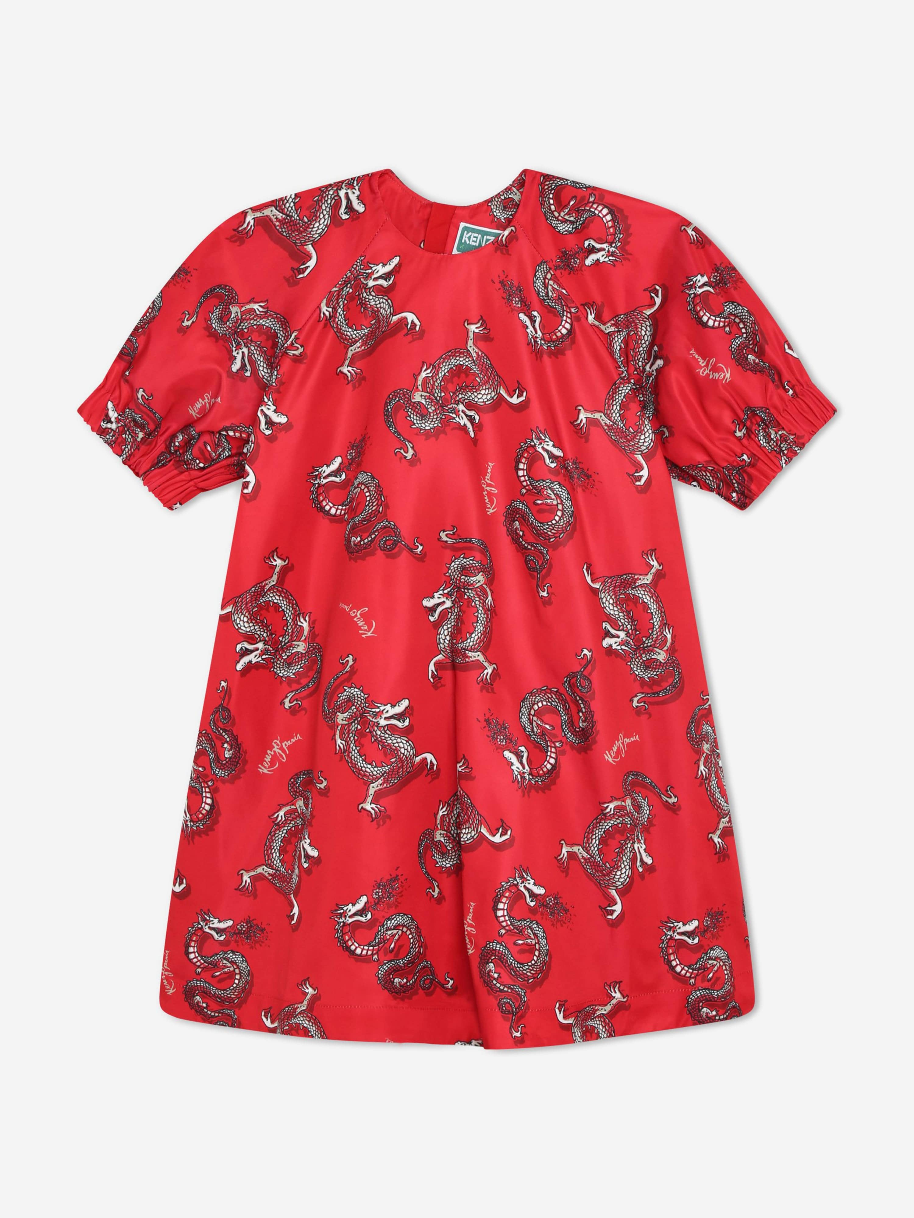 Girls Dragon Print Dress in Red | Childsplay Clothing
