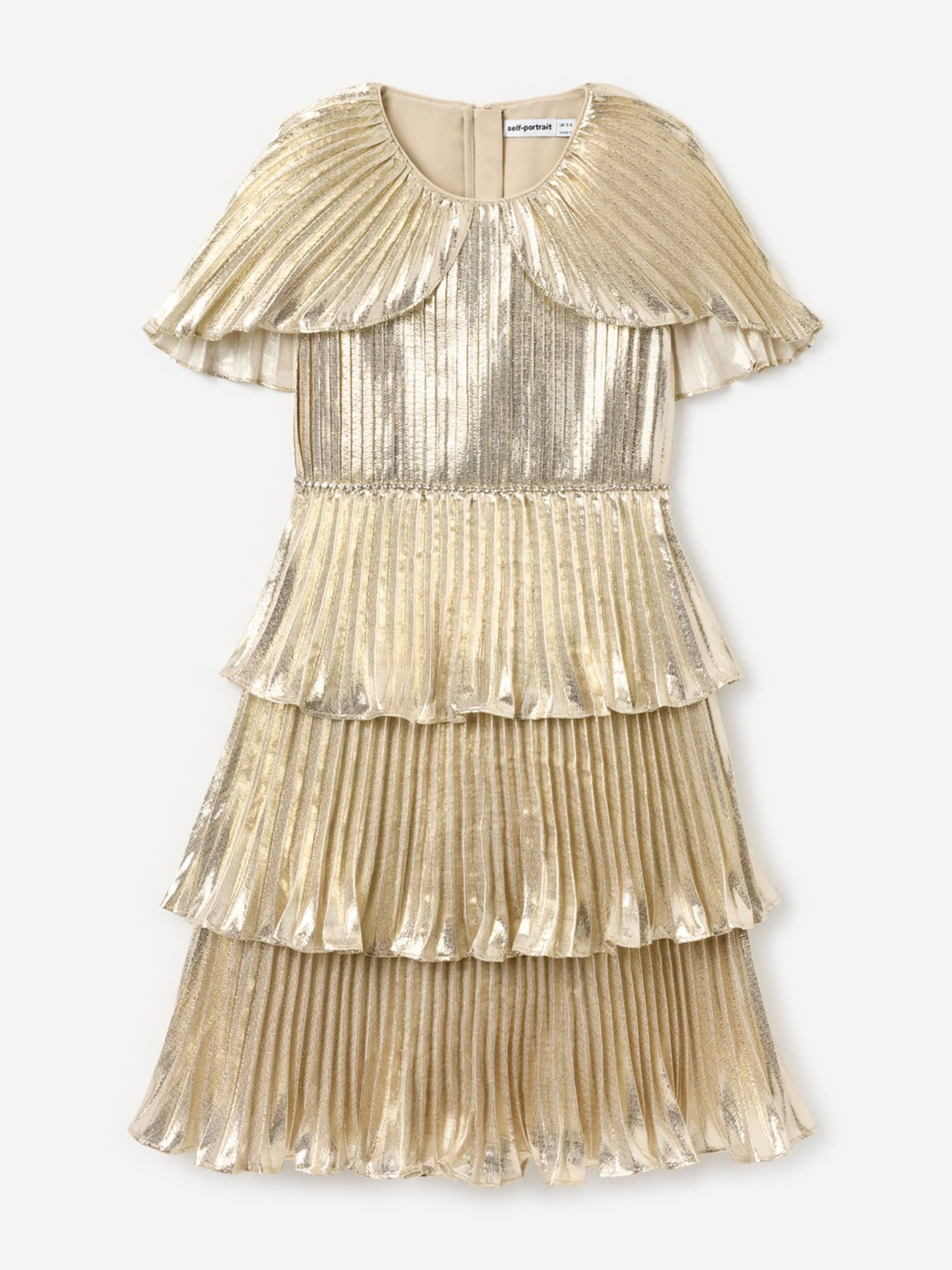 Self Portrait Girls Metallic Tiered Dress in Gold | Childsplay Clothing