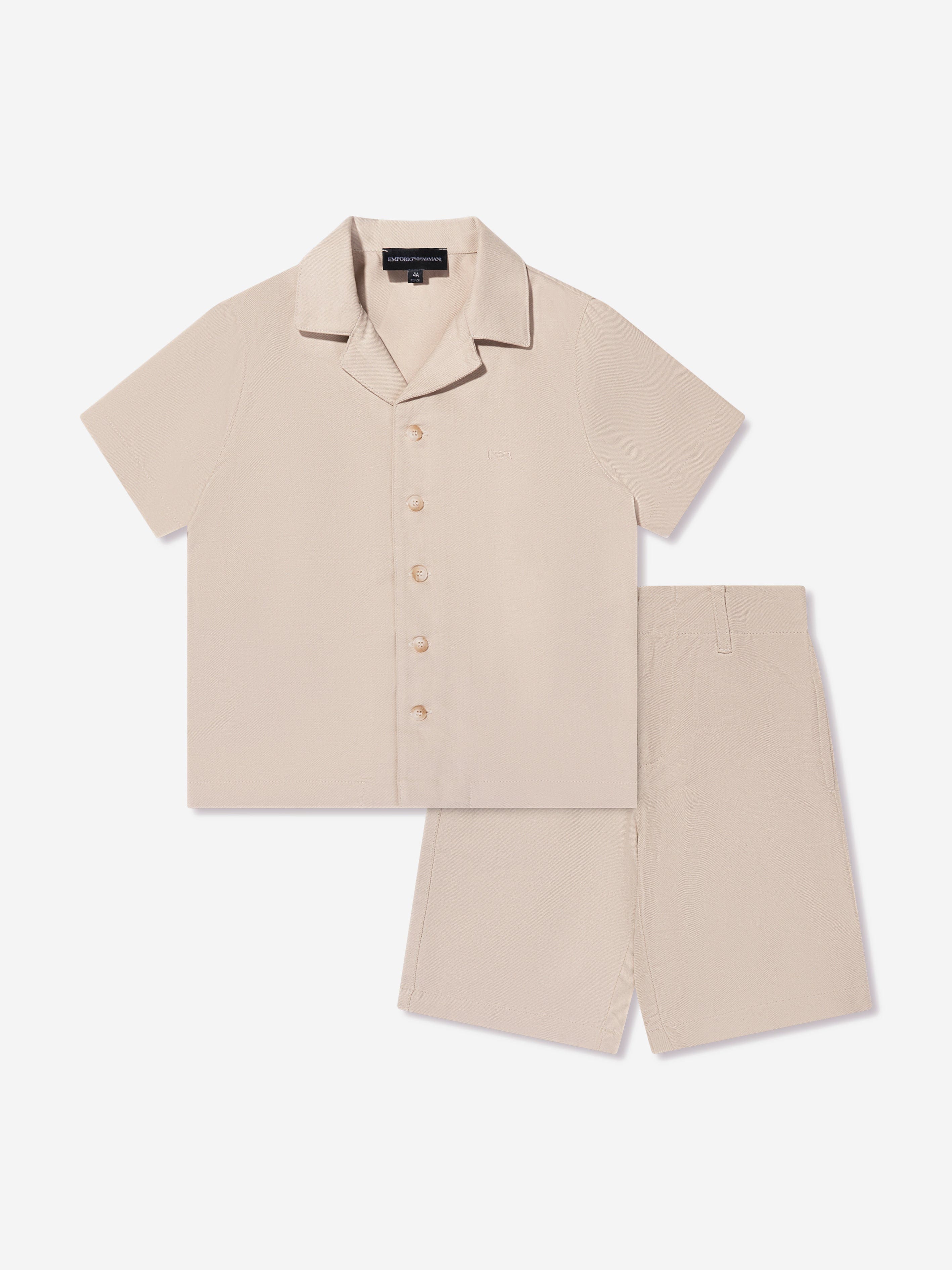 Boys Linen Shirt And Shorts Set In Beige