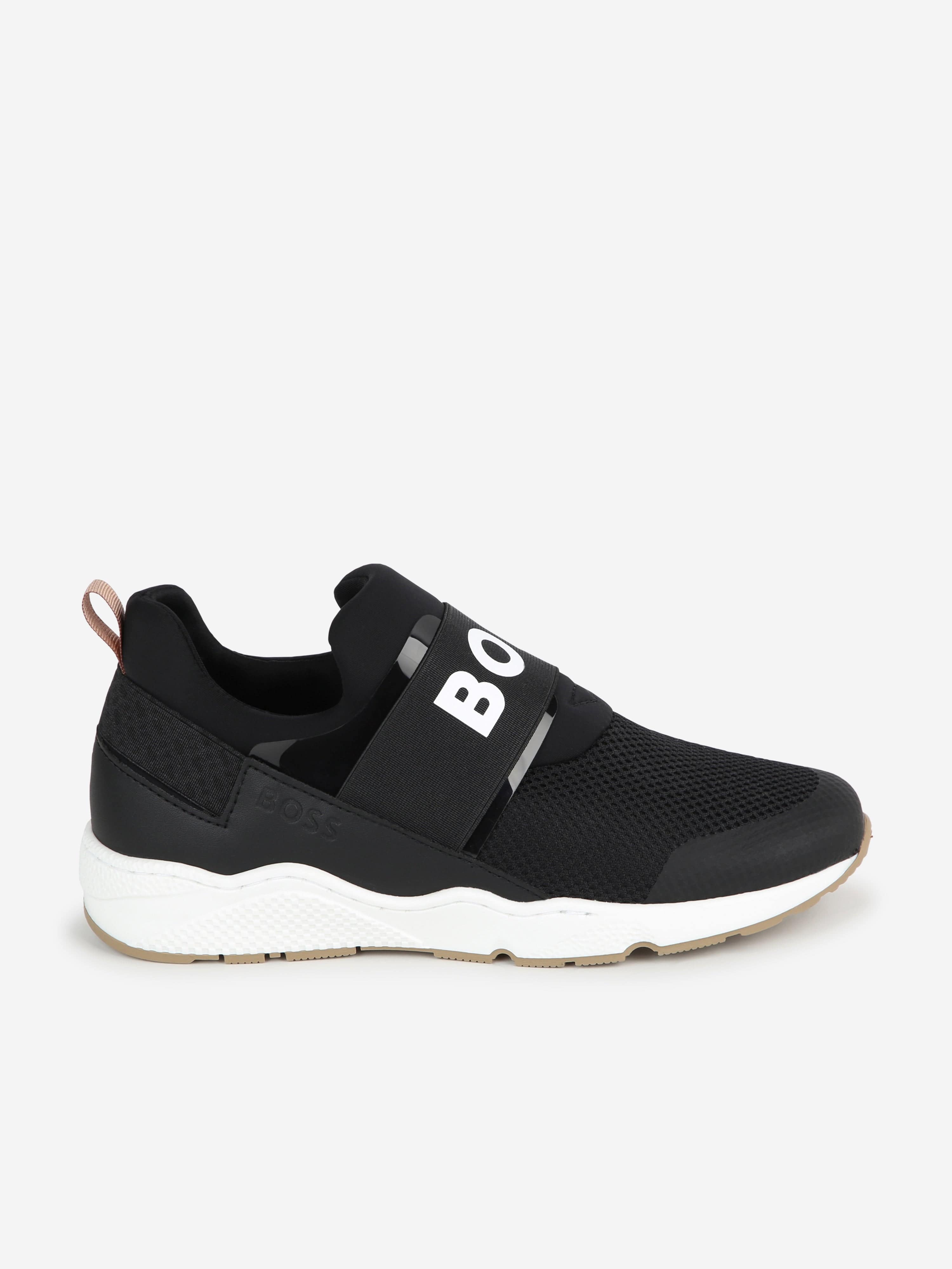 BOSS Boys Mesh And Leather Logo Trainers in Black Childsplay Clothing