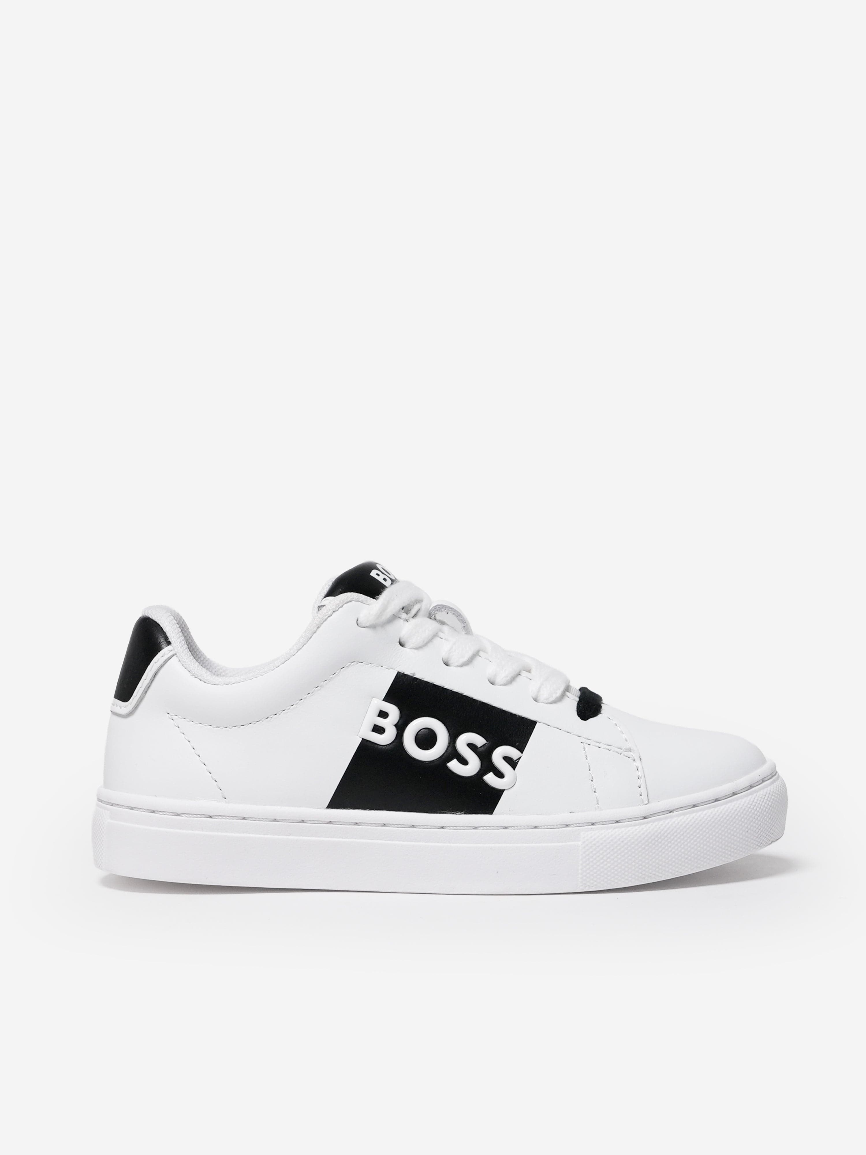 BOSS BOSS Boys Leather Logo Trainers in White Childsplay Clothing