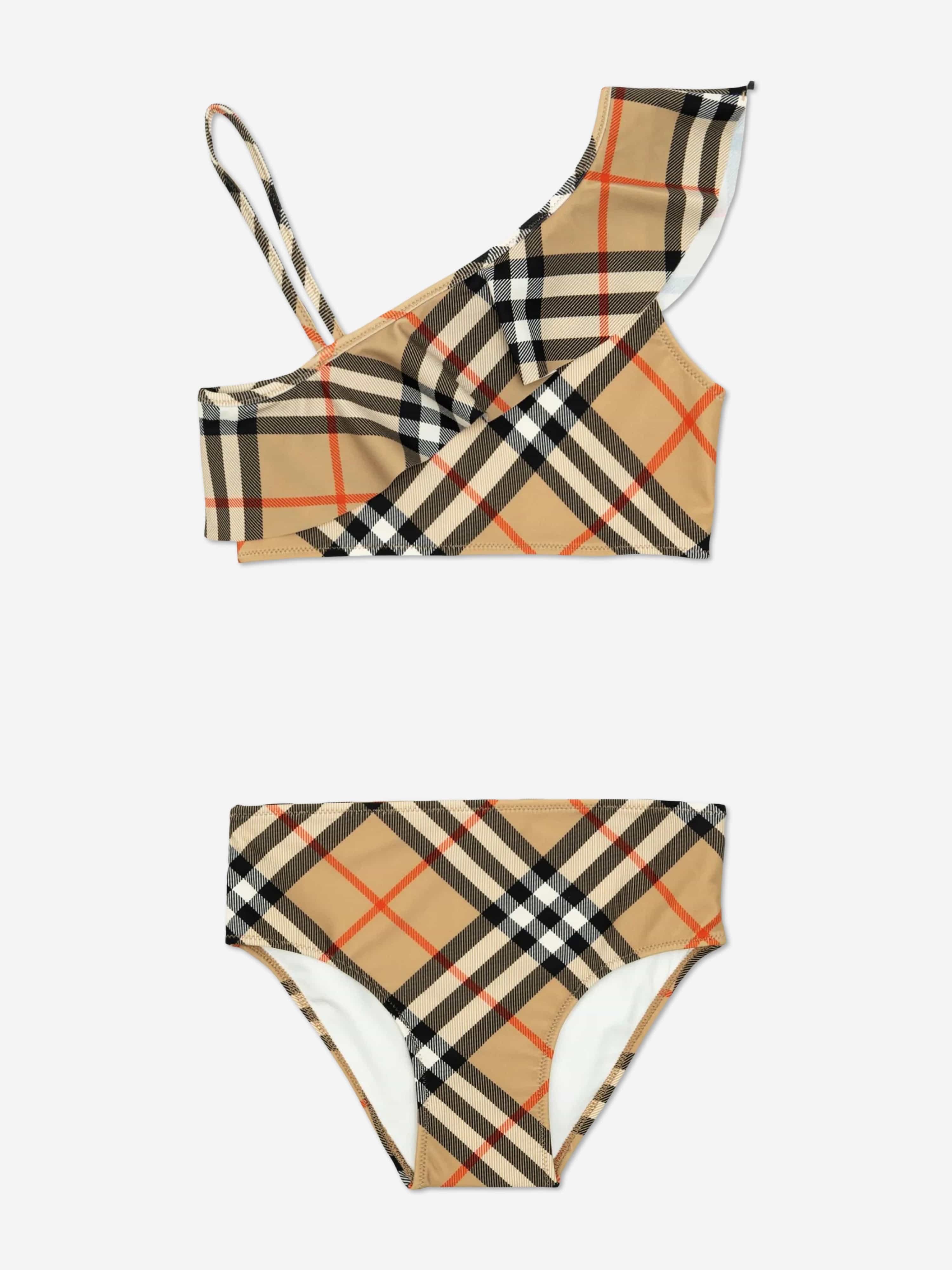 BURBERRY キッズ コントラスト チェック ストレッチナイロン ビキニ Burberry Girls Asla Check Bikini in Beige | Childsplay Clothing UK