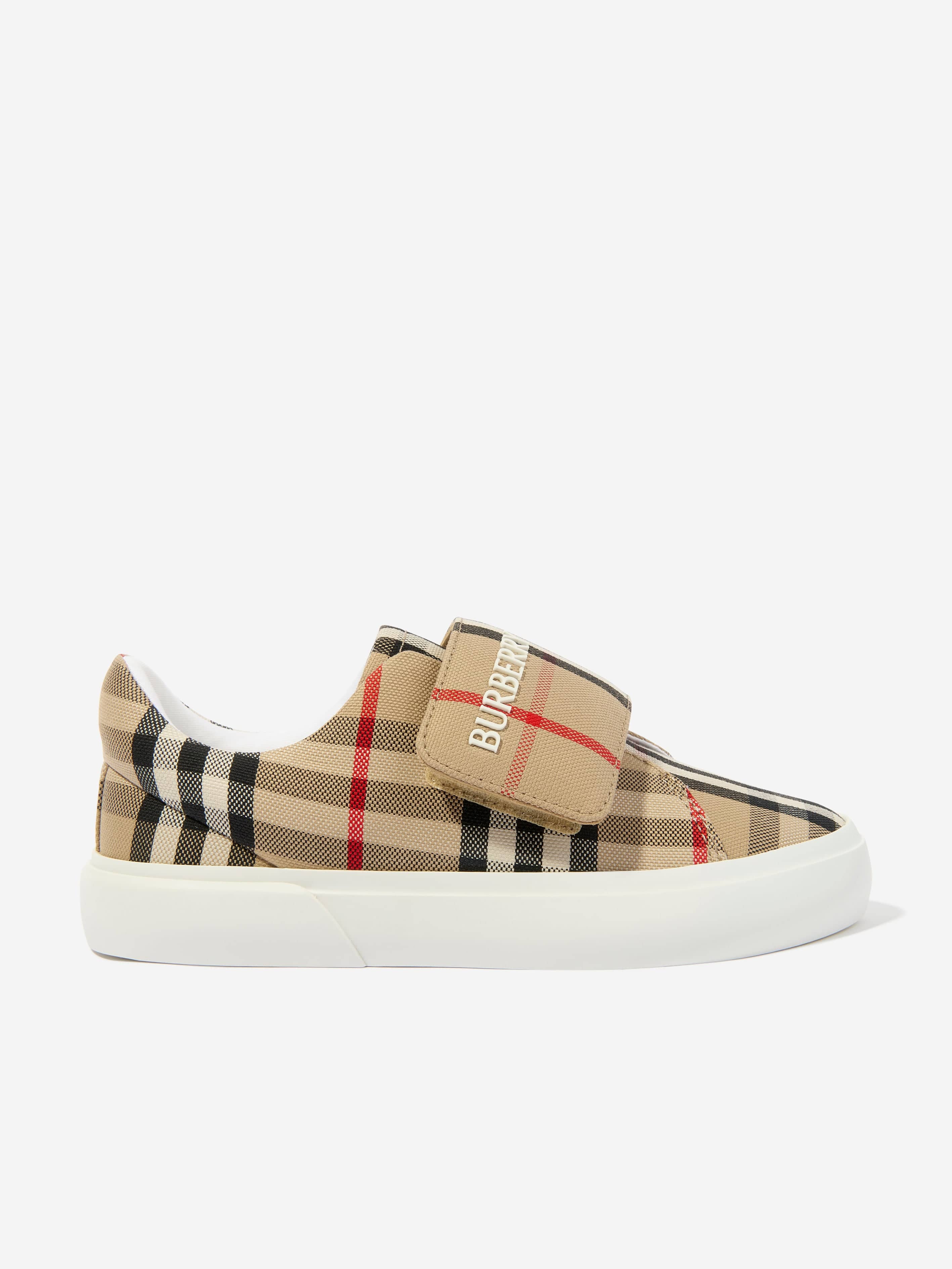 Kids Cotton Check Velcro Strap Trainers in Beige