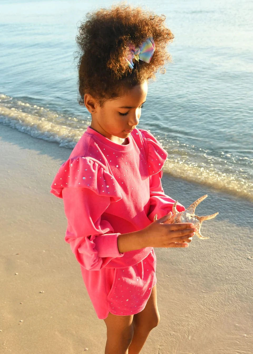 Girls Bijou Crystal Velour Short Set in Pink