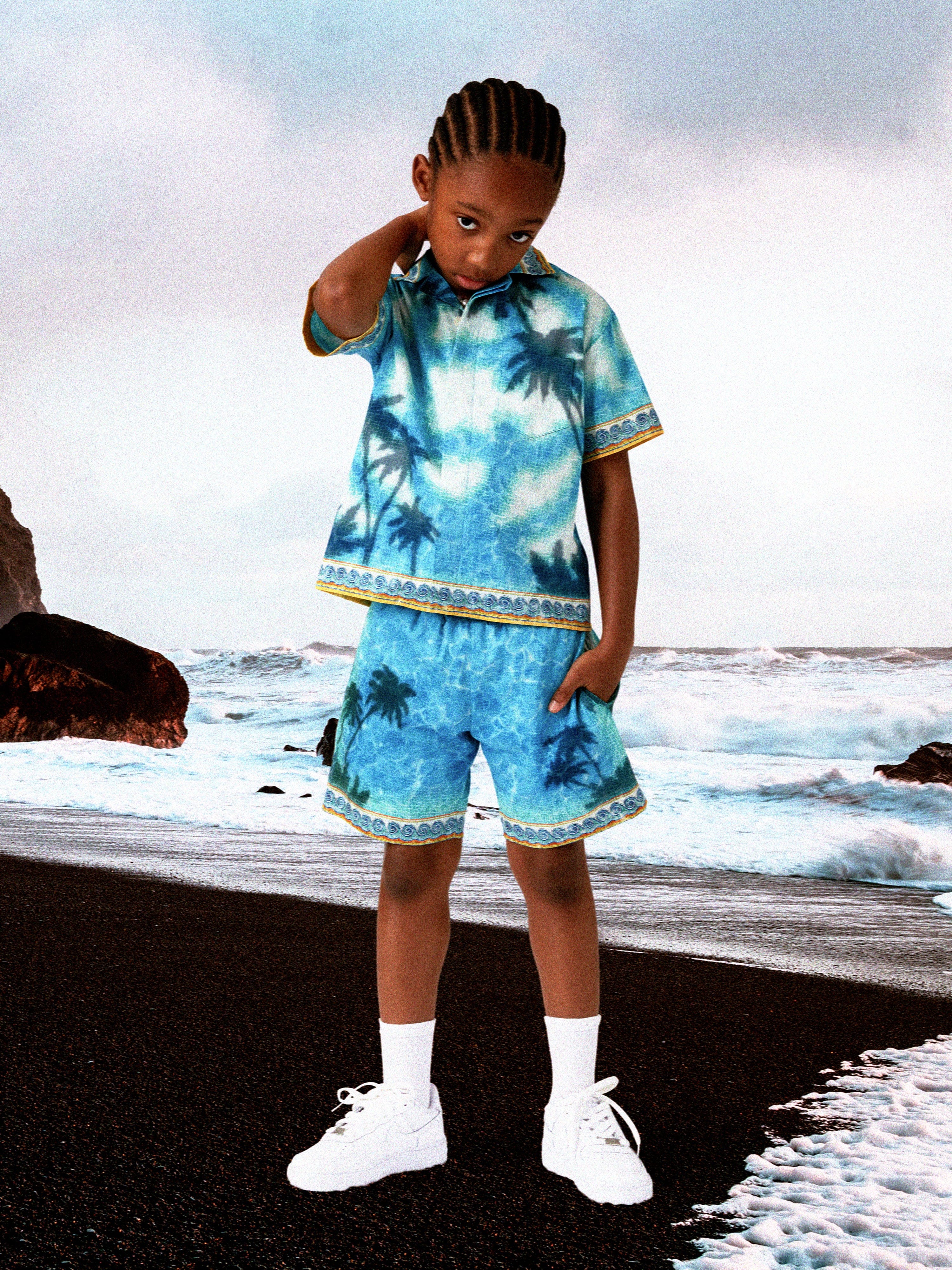 Casablanca Boys Caustics Emblem Cuban Collar Shirt in Blue