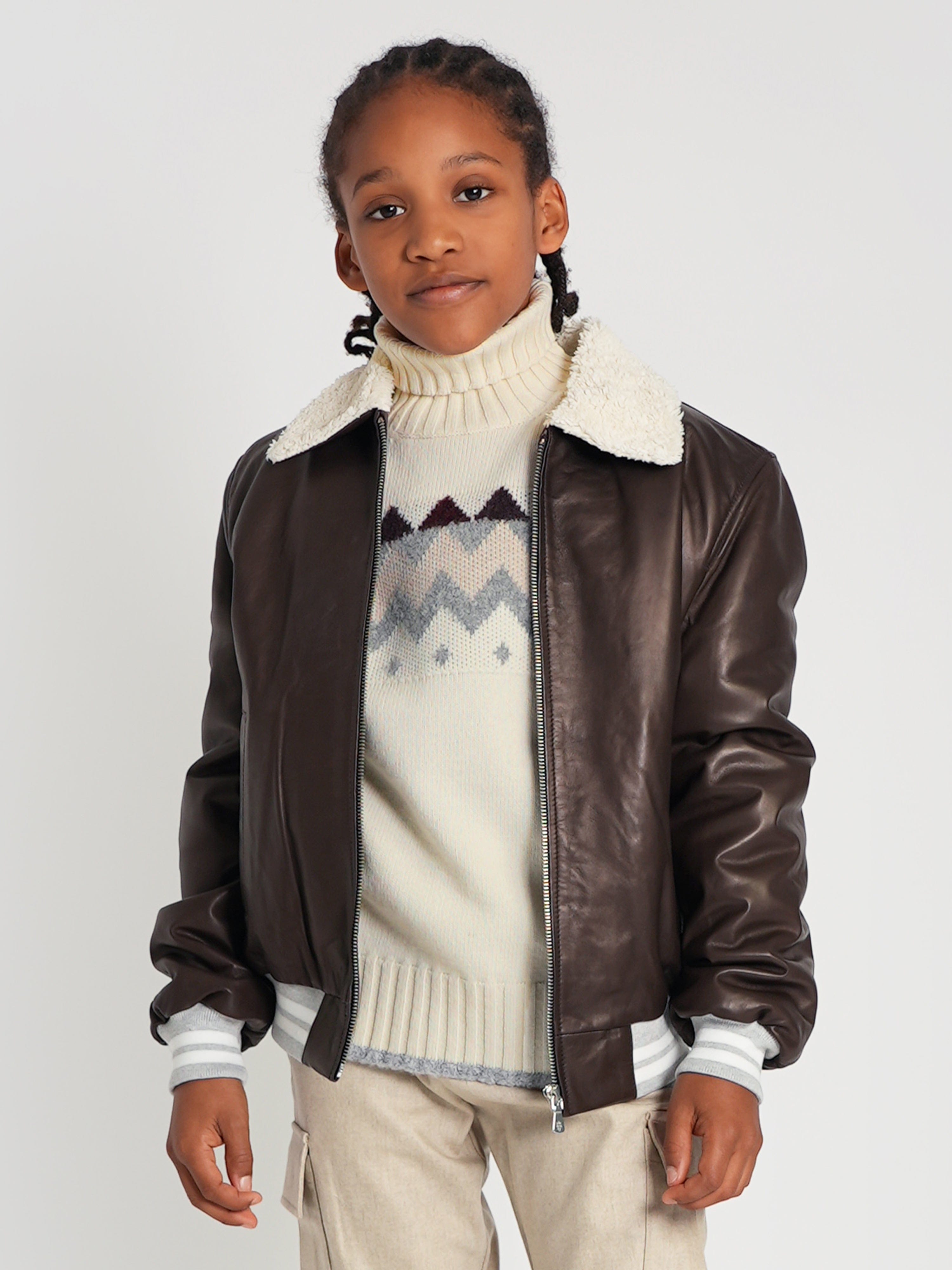 Eleventy Boys Leather Aviator Jacket in Brown Childsplay Clothing