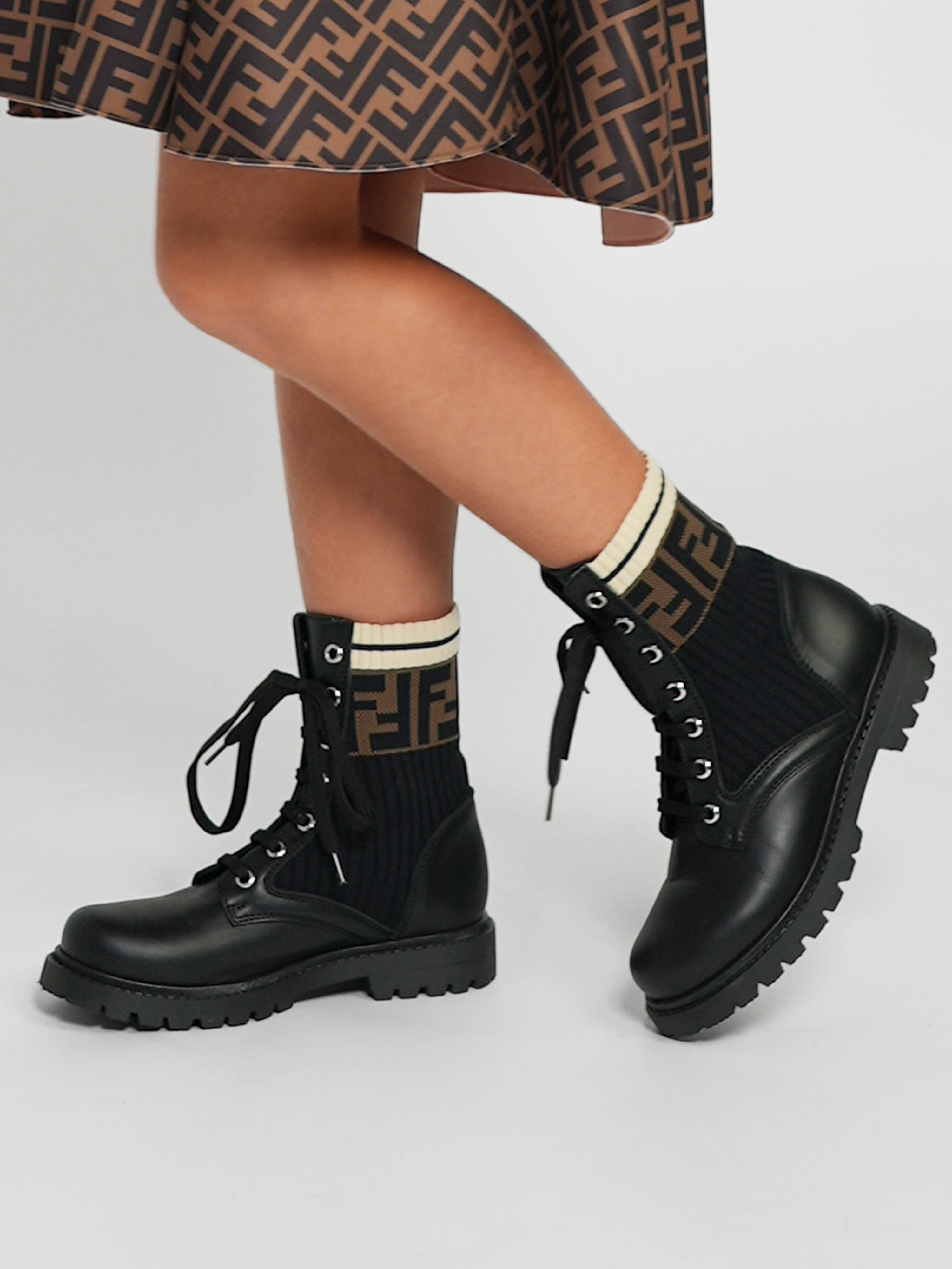 Fendi Kids Fendi Kids Leather FF Logo Biker Boots in Black