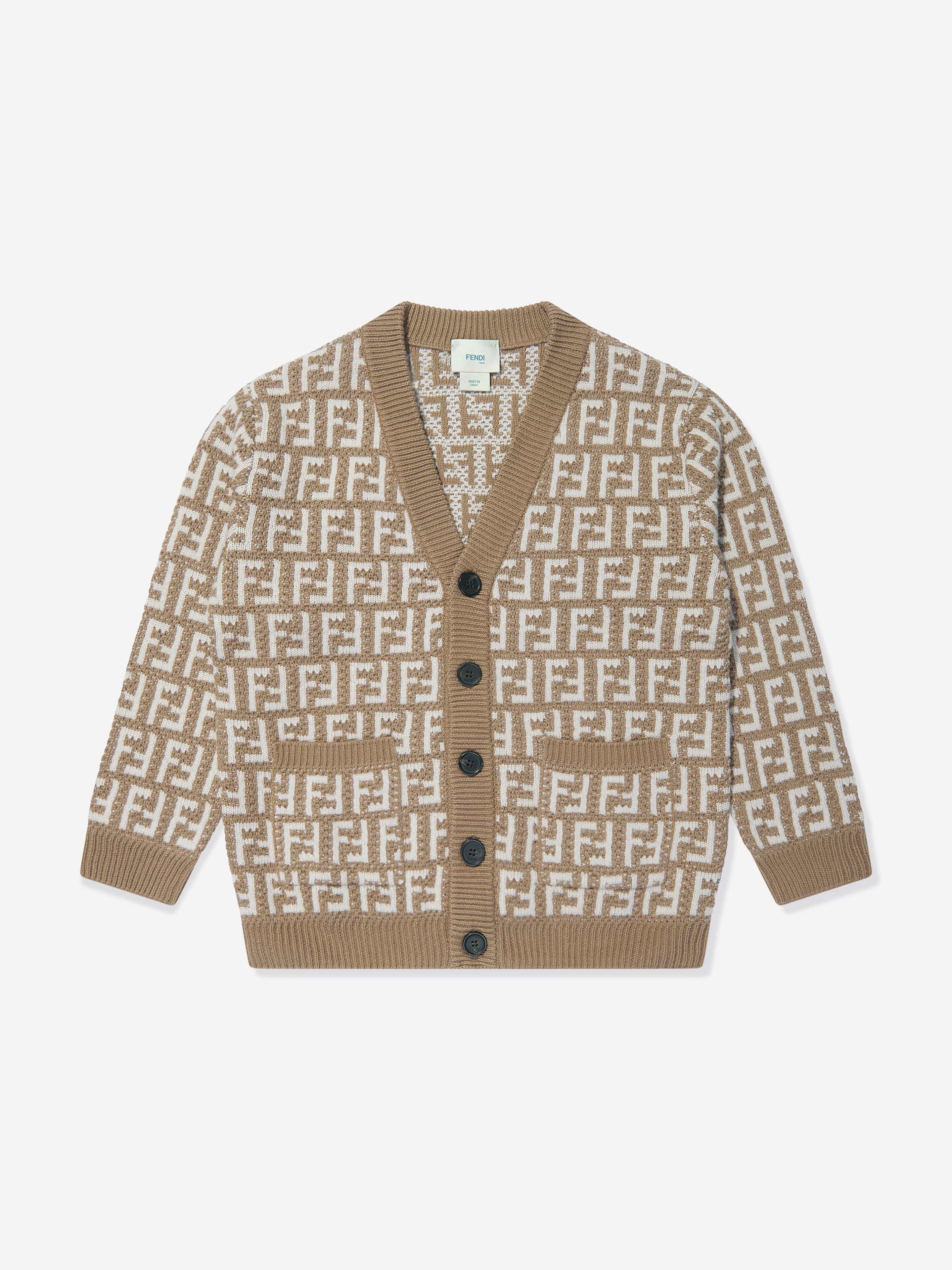 Kids Knitted FF Logo Cardigan in Beige