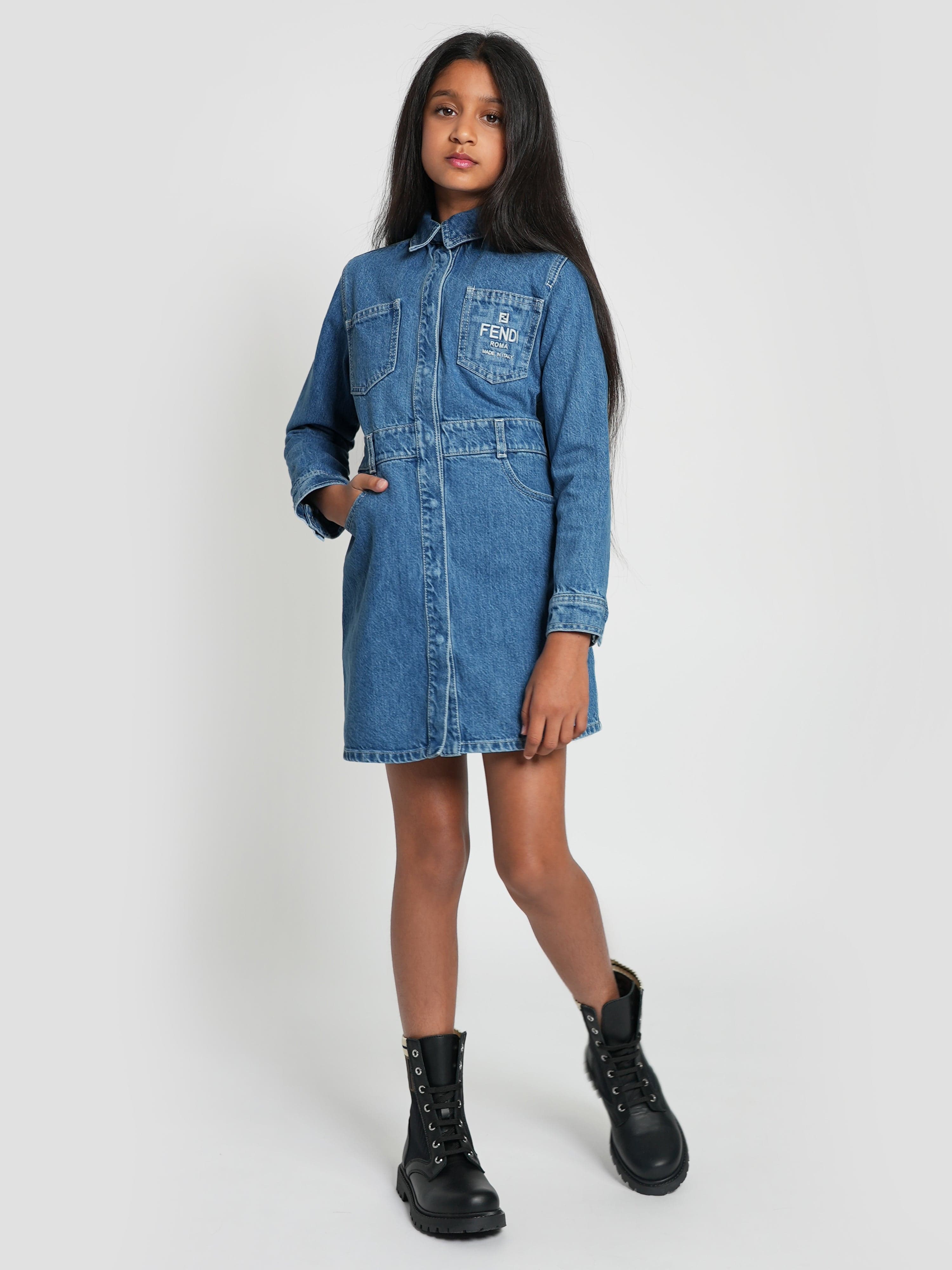 Fendi Girls Denim FF Logo Shirt Dress in Blue Childsplay Clothing