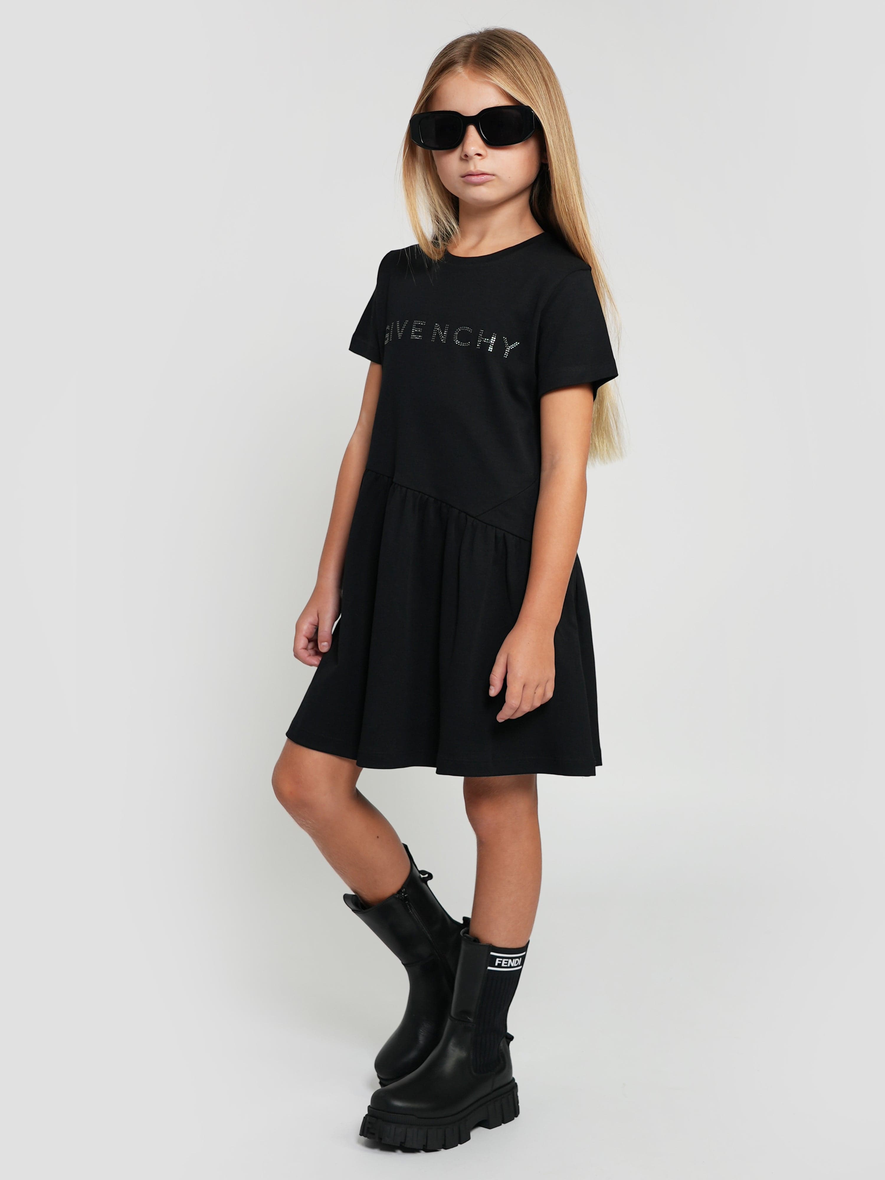Givenchy Girls Diamante Logo Jersey Dress in Black Childsplay Clothing