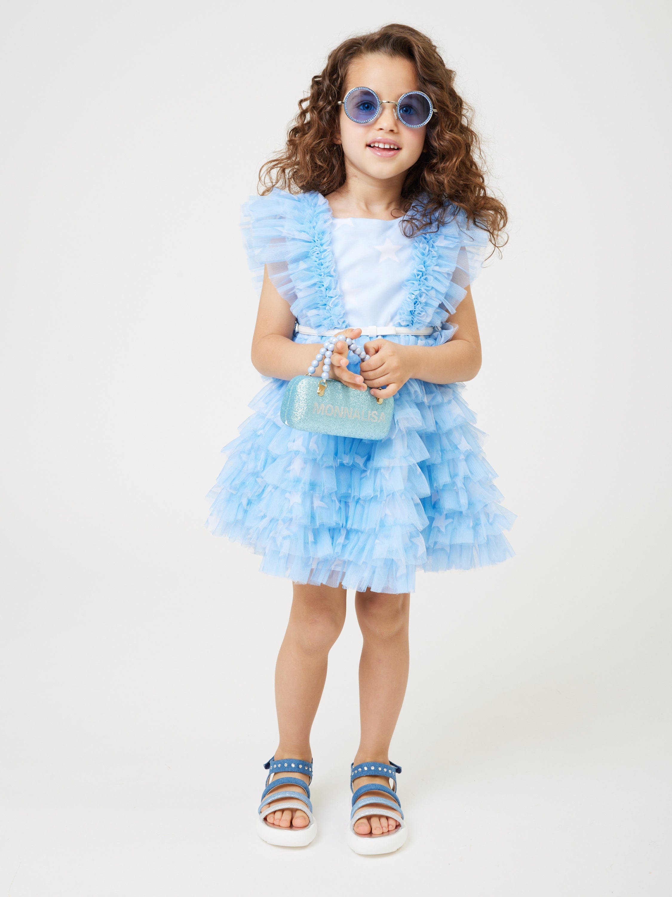 Monnalisa Girls Tulle Star Dress in Blue Childsplay Clothing