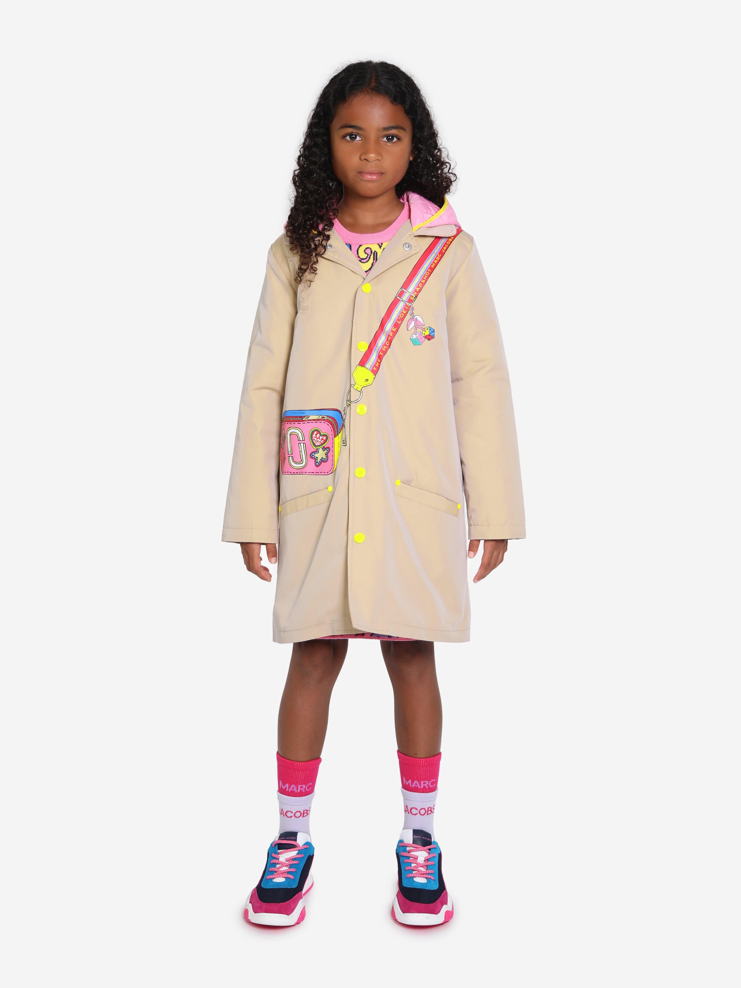 Girls Bag Print Trench Coat in Beige