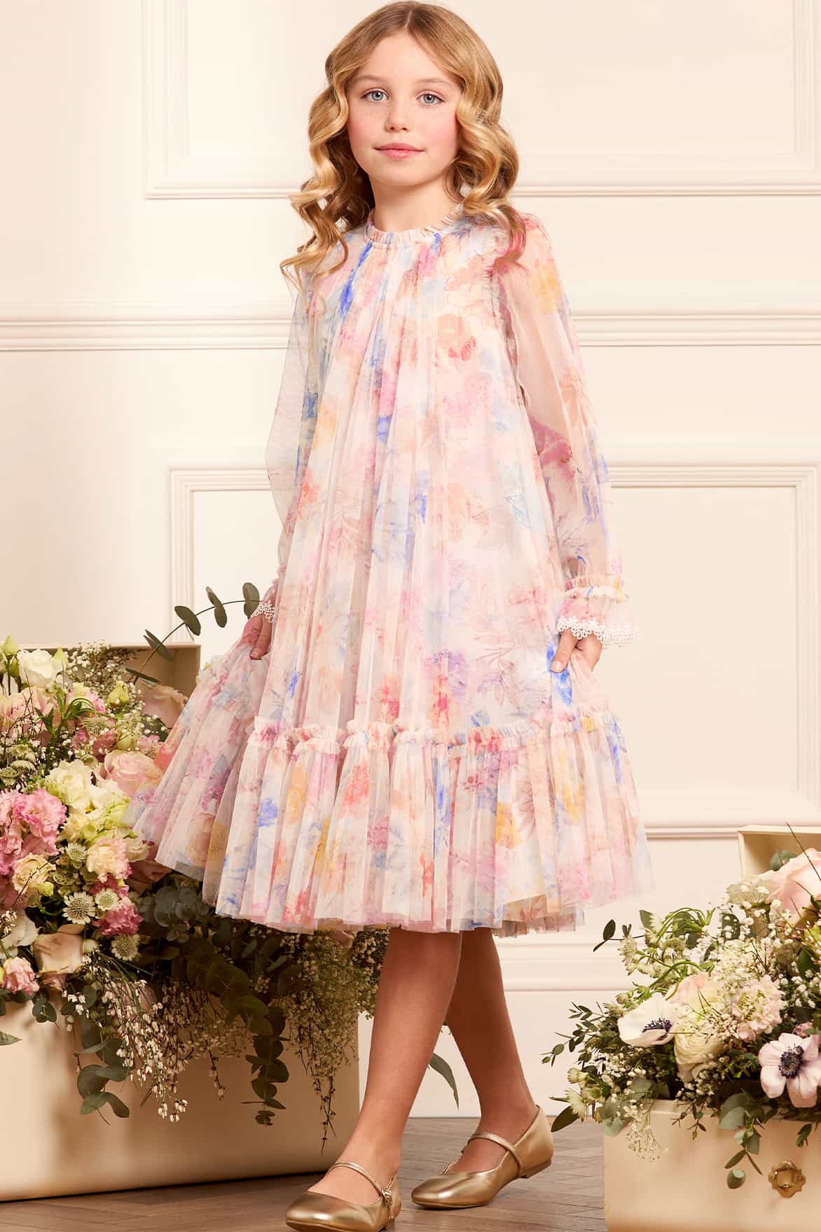 Girls Tulle Mariannes Floral Dress in White