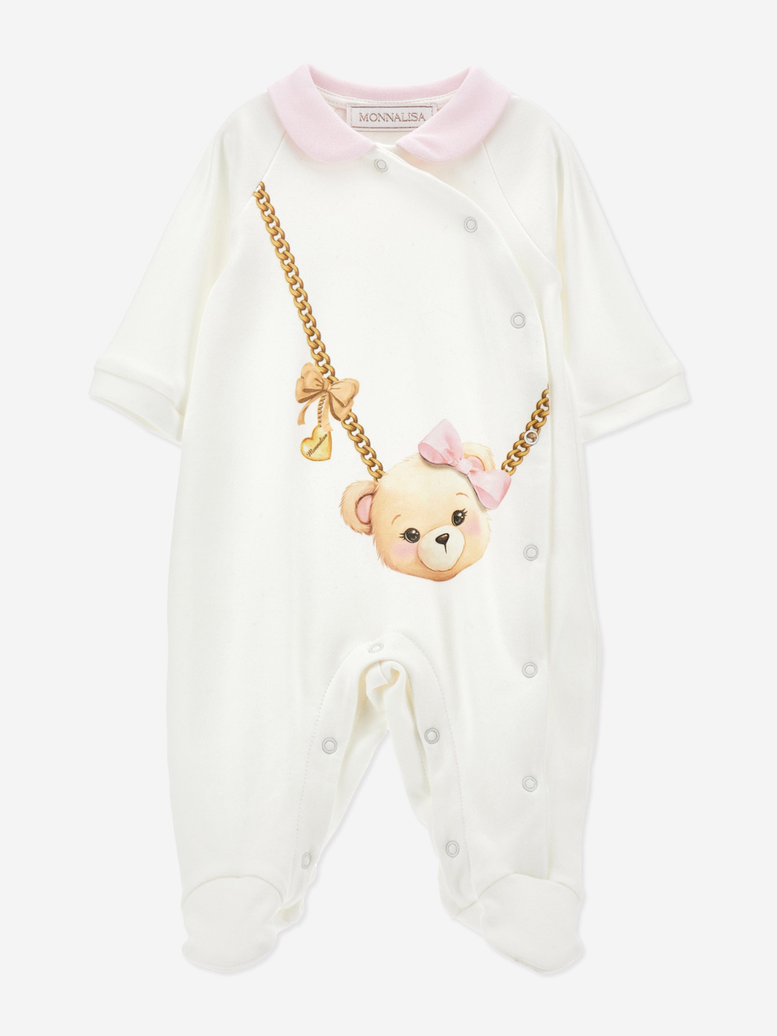 Monnalisa Baby Girls Teddy Bag Babygrow in White Childsplay Clothing