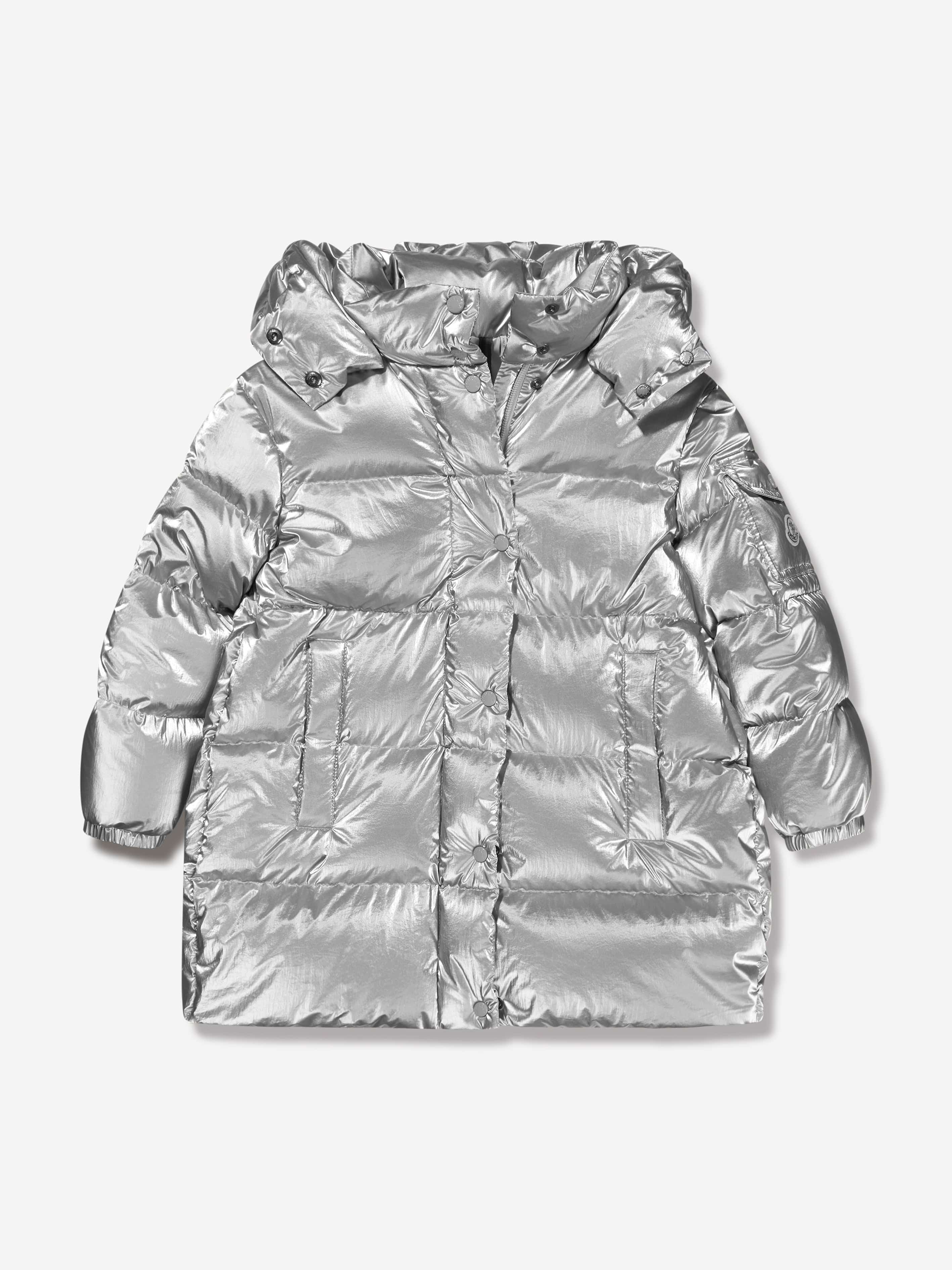 Moncler Enfant Girls Down Padded Amra Long Parka in Silver Childsplay Clothing