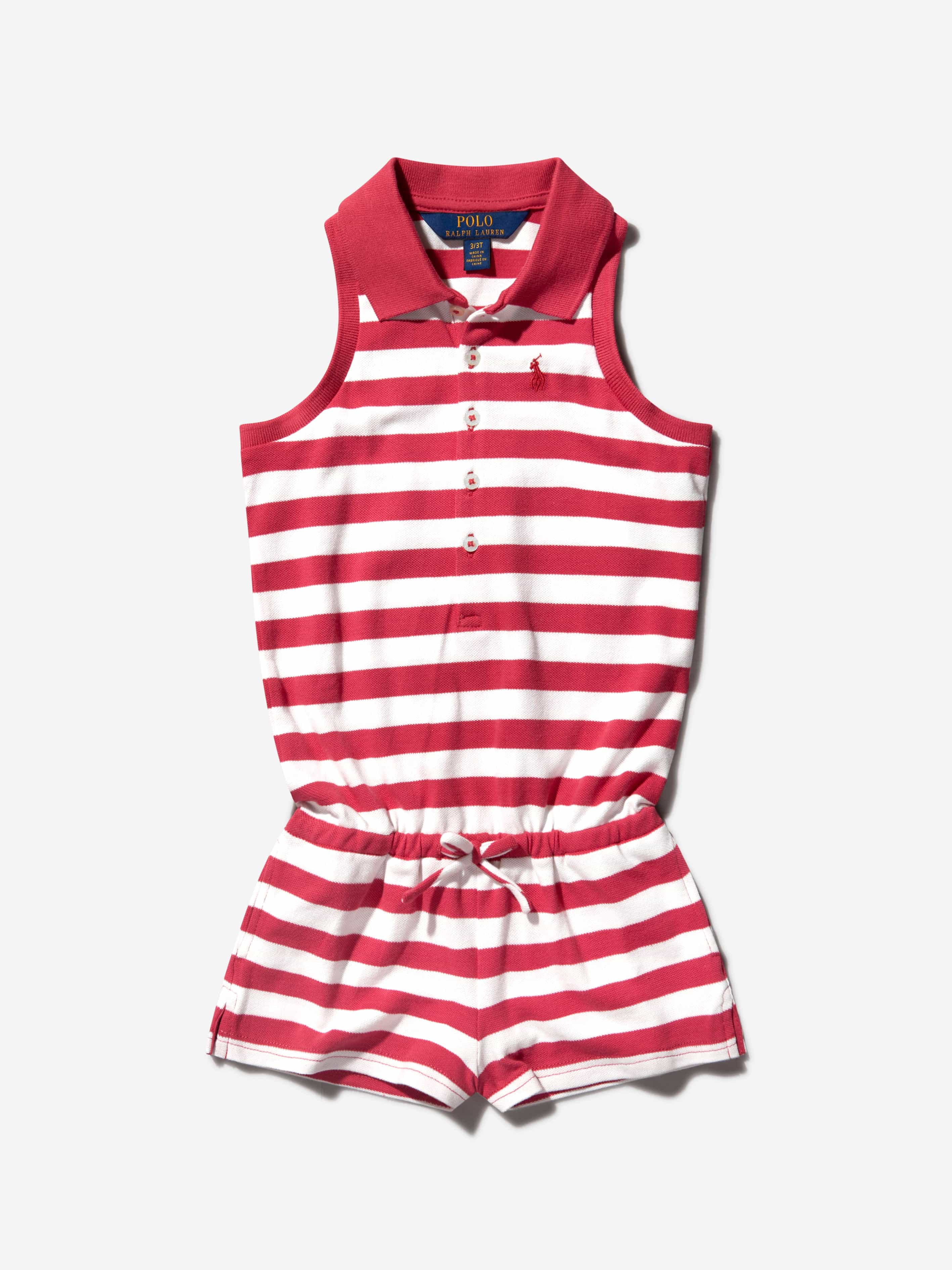 Ralph Lauren Girls Red Striped Cotton Polo Playsuit Childsplay Clothing