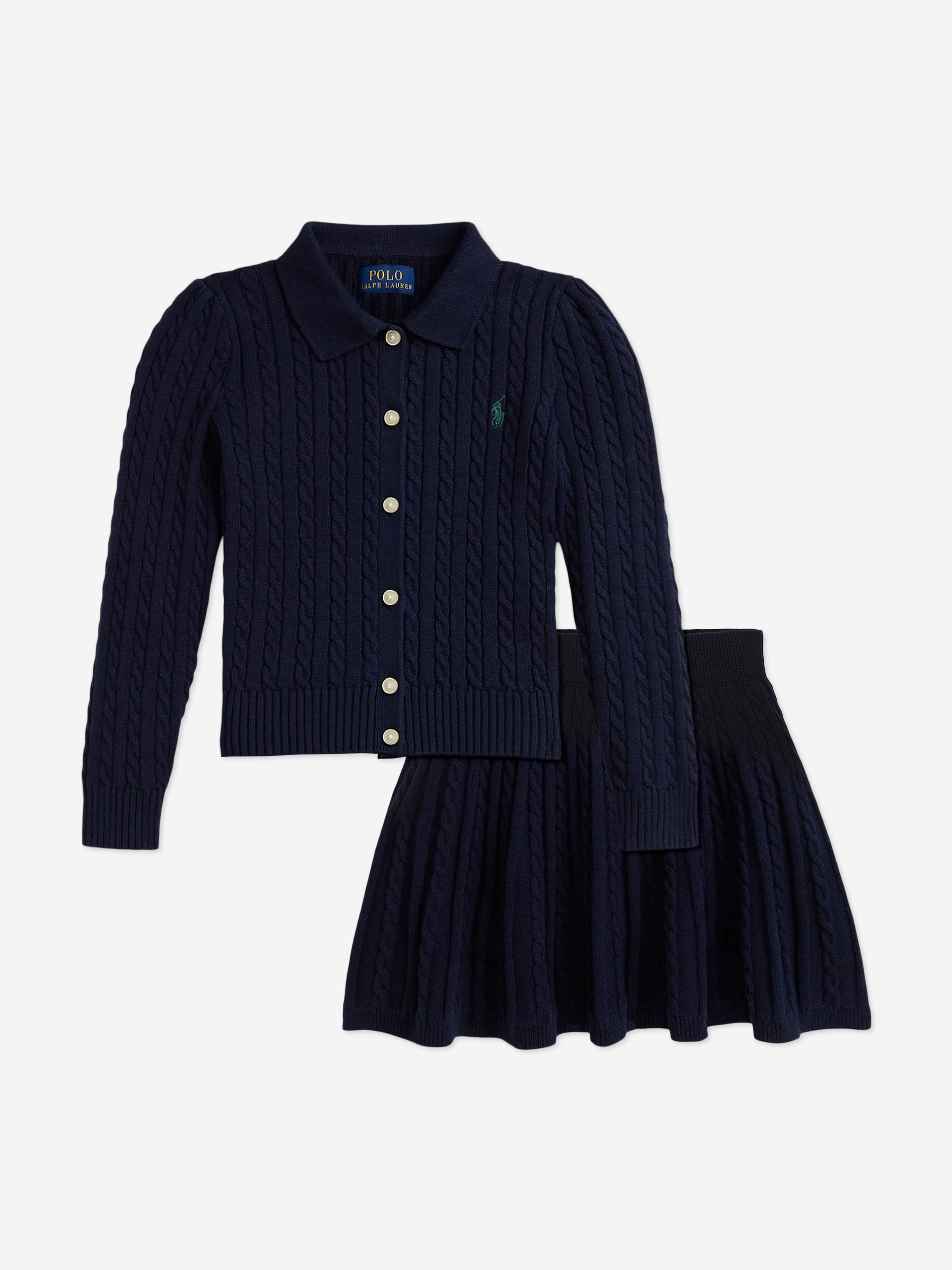 Ralph Lauren Kids Girls Cable Knit Cardigan and Skirt Set in Navy