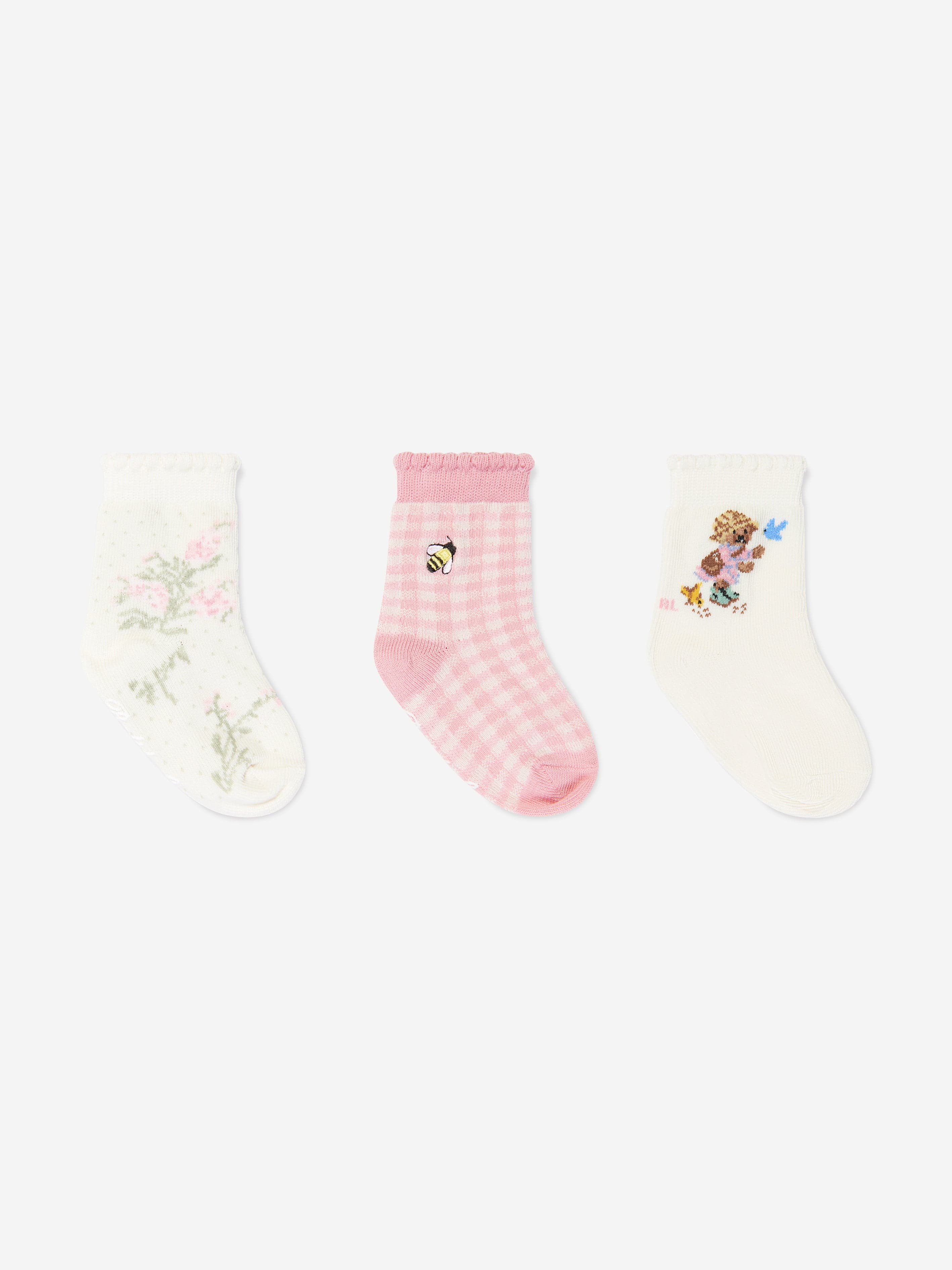 Ralph Lauren Baby Girls 3 Pack Bear Socks Set in Ivory
