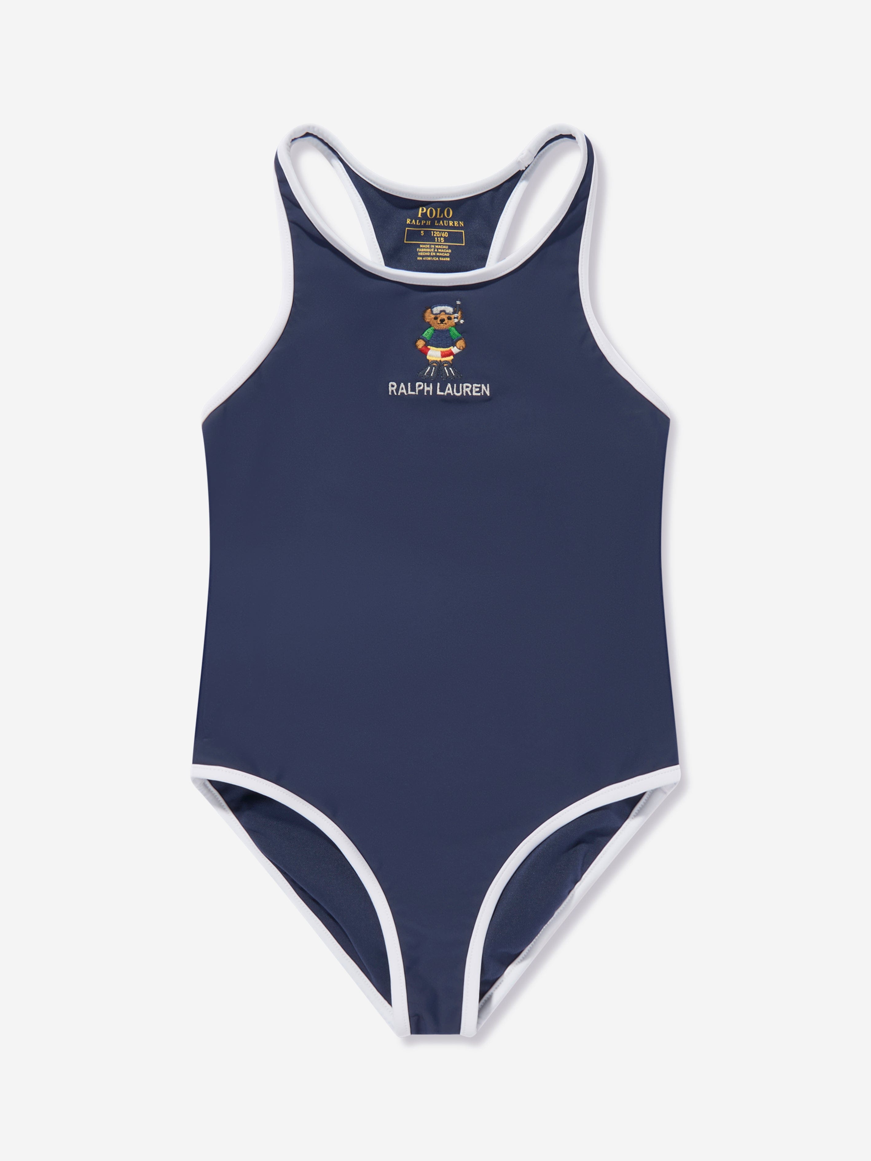 Ralph Lauren Girls Embroidered Bear Swimsuit in Navy