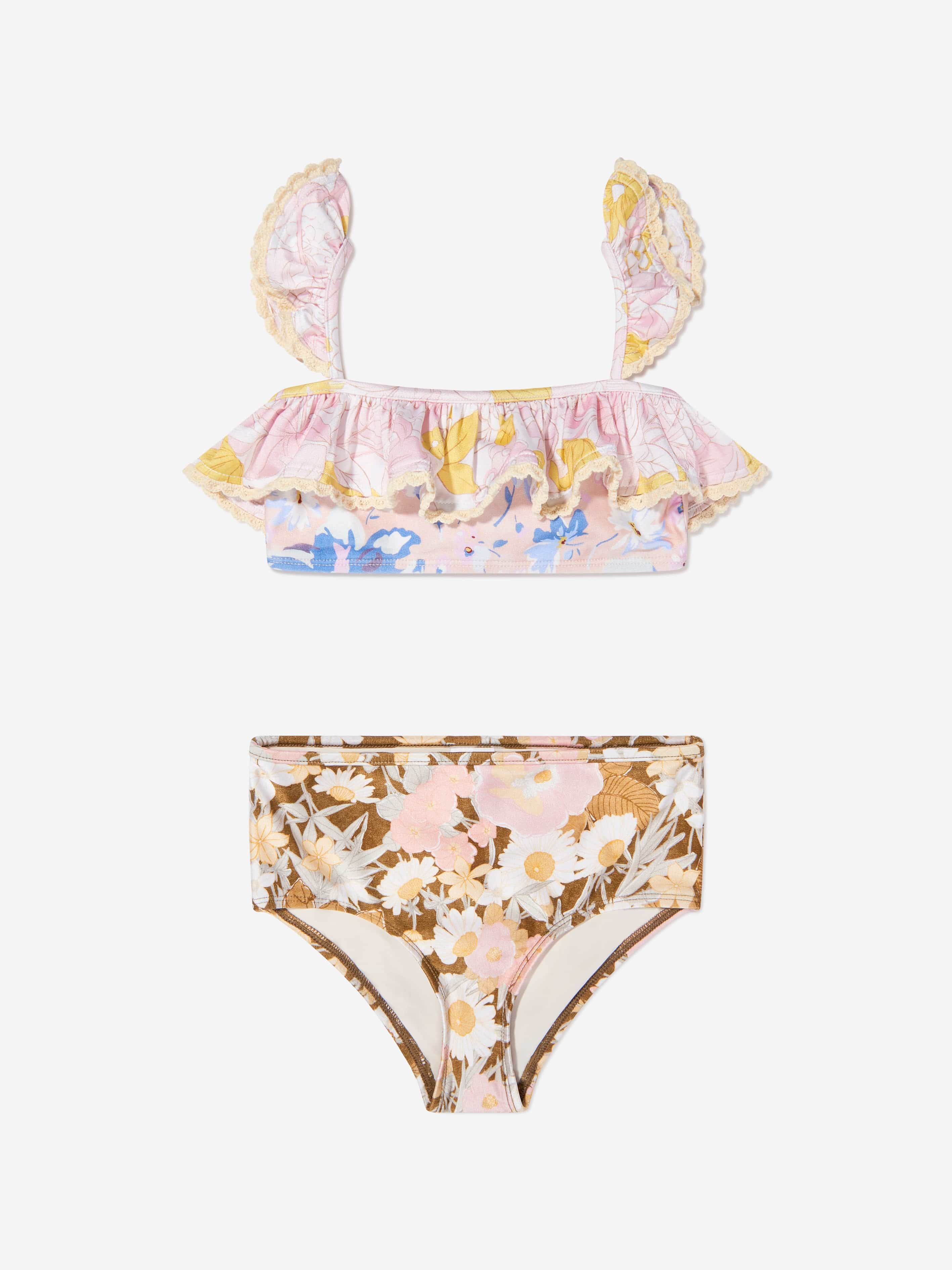 Girls Pop Trim Frill Bandeau Bikini in Multicolour