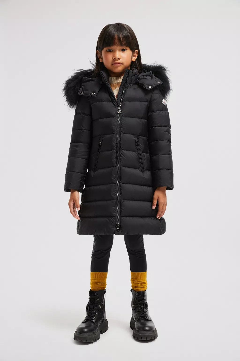 Moncler Enfant Girls Abelle Hooded Shearling Down Coat in Black Moncler Enfant Girls Abelle Hooded Shearling Down Coat in Black