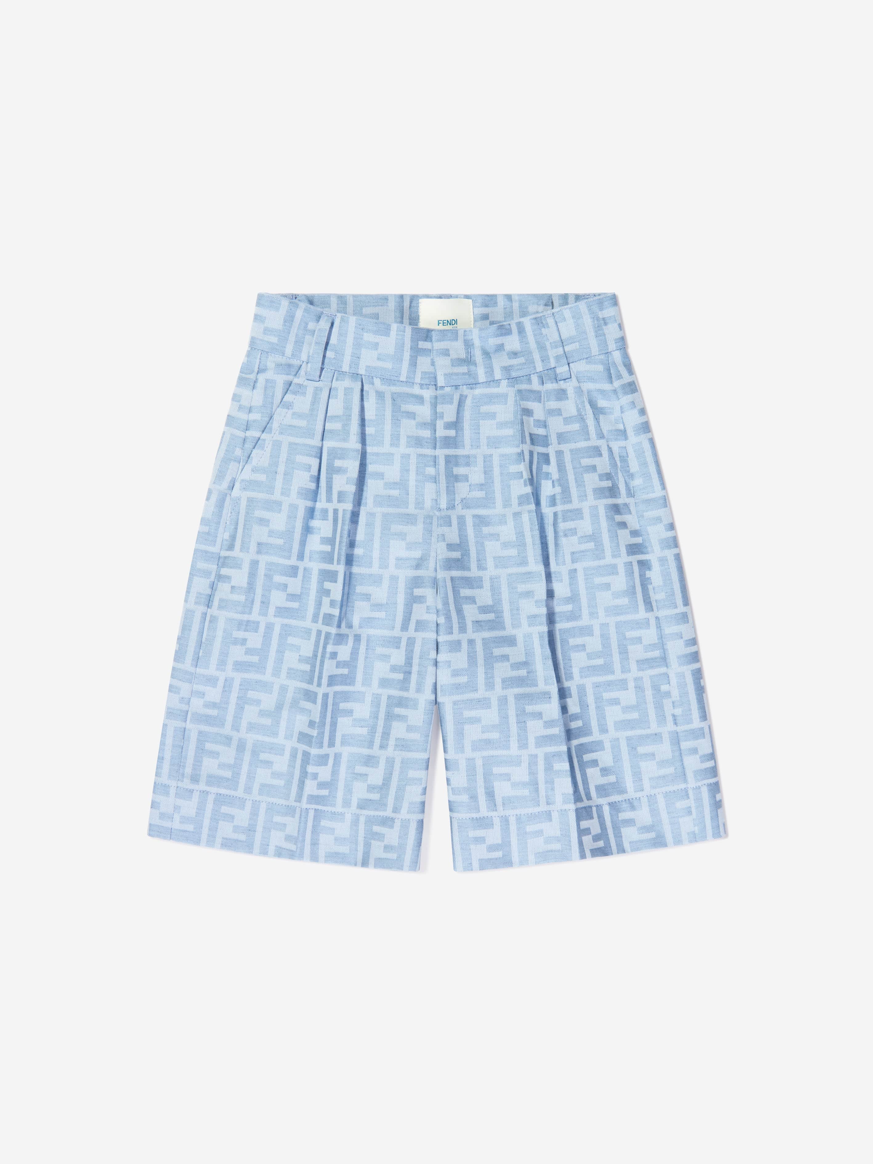 Boys Linen FF Jacquard Bermuda Shorts in Blue