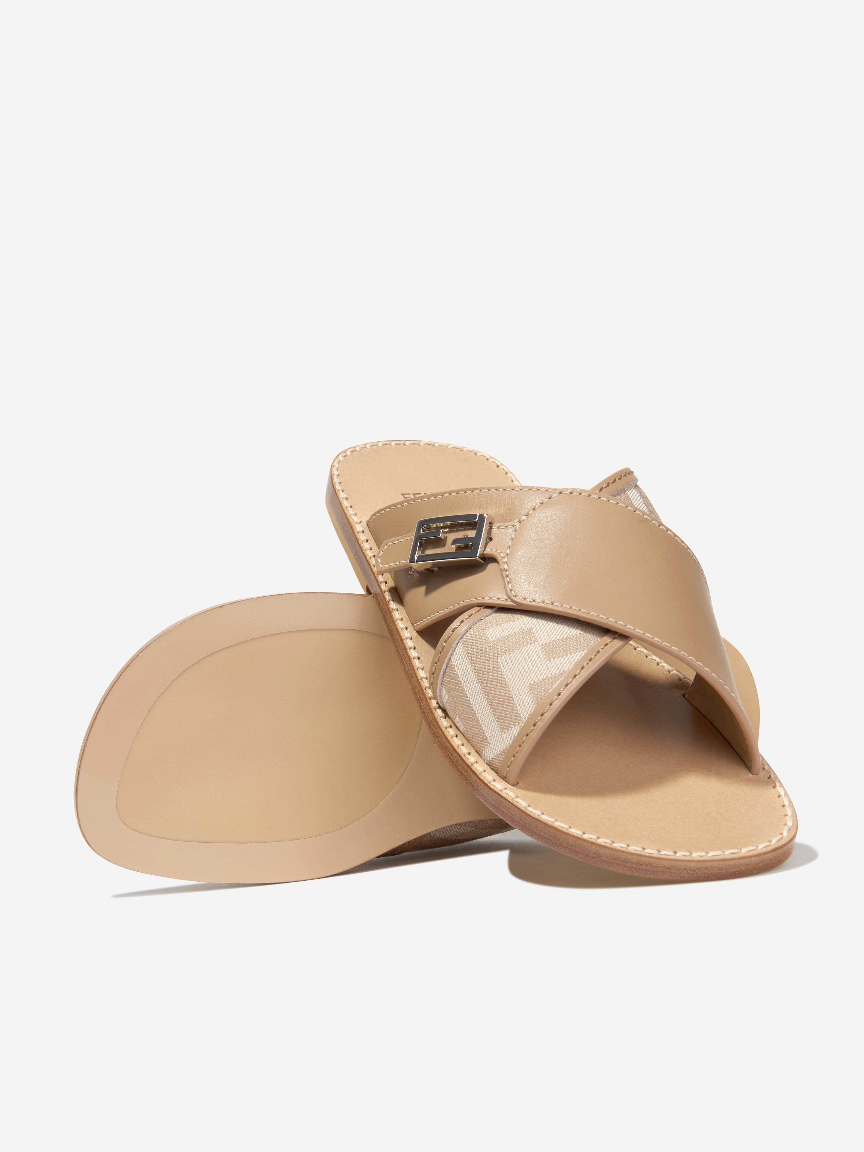 Fendi Kids Fendi Girls Leather FF Logo Sandals in Beige
