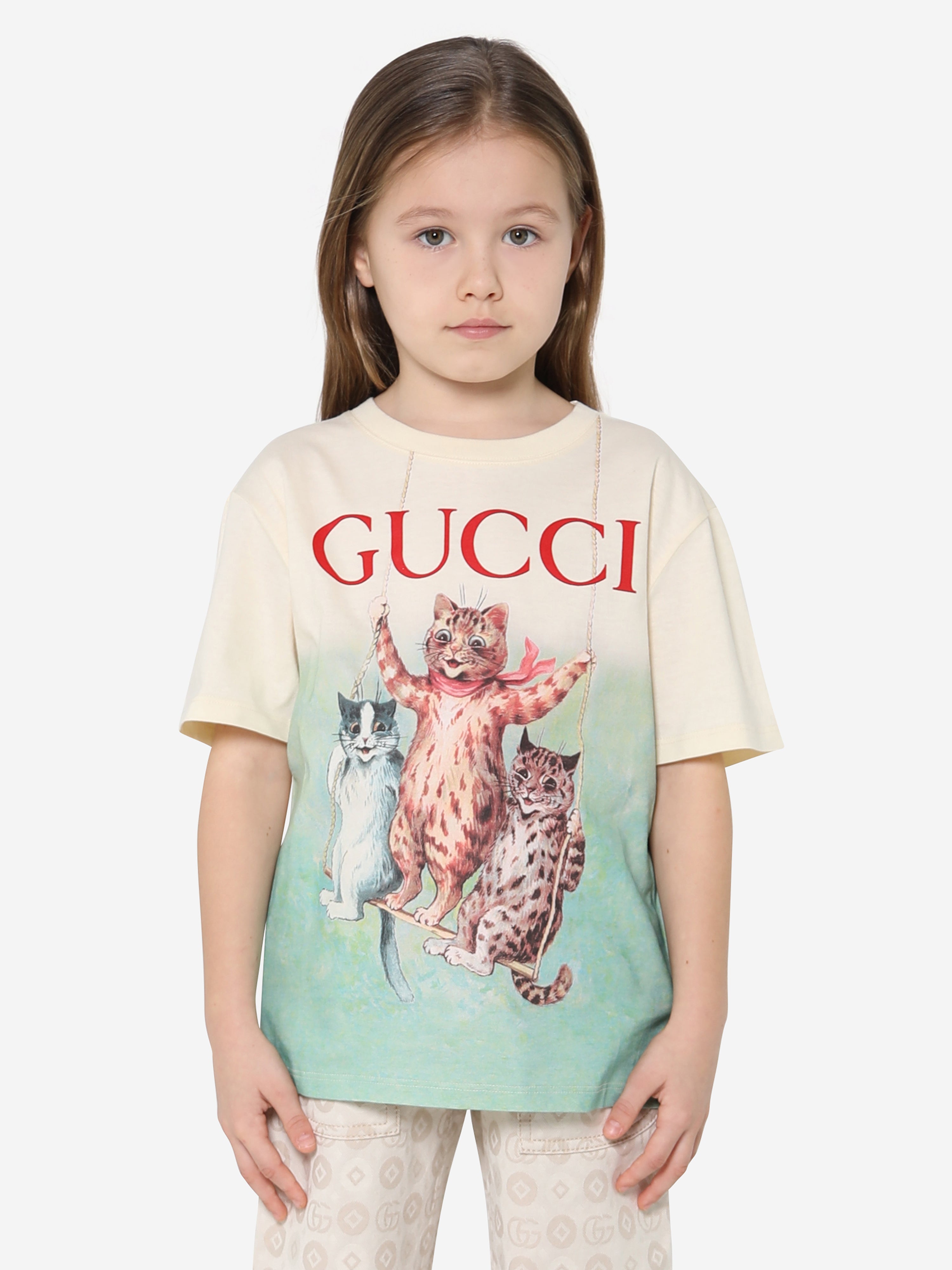 Girls Cat Print T-Shirt in Ivory | Childsplay Clothing