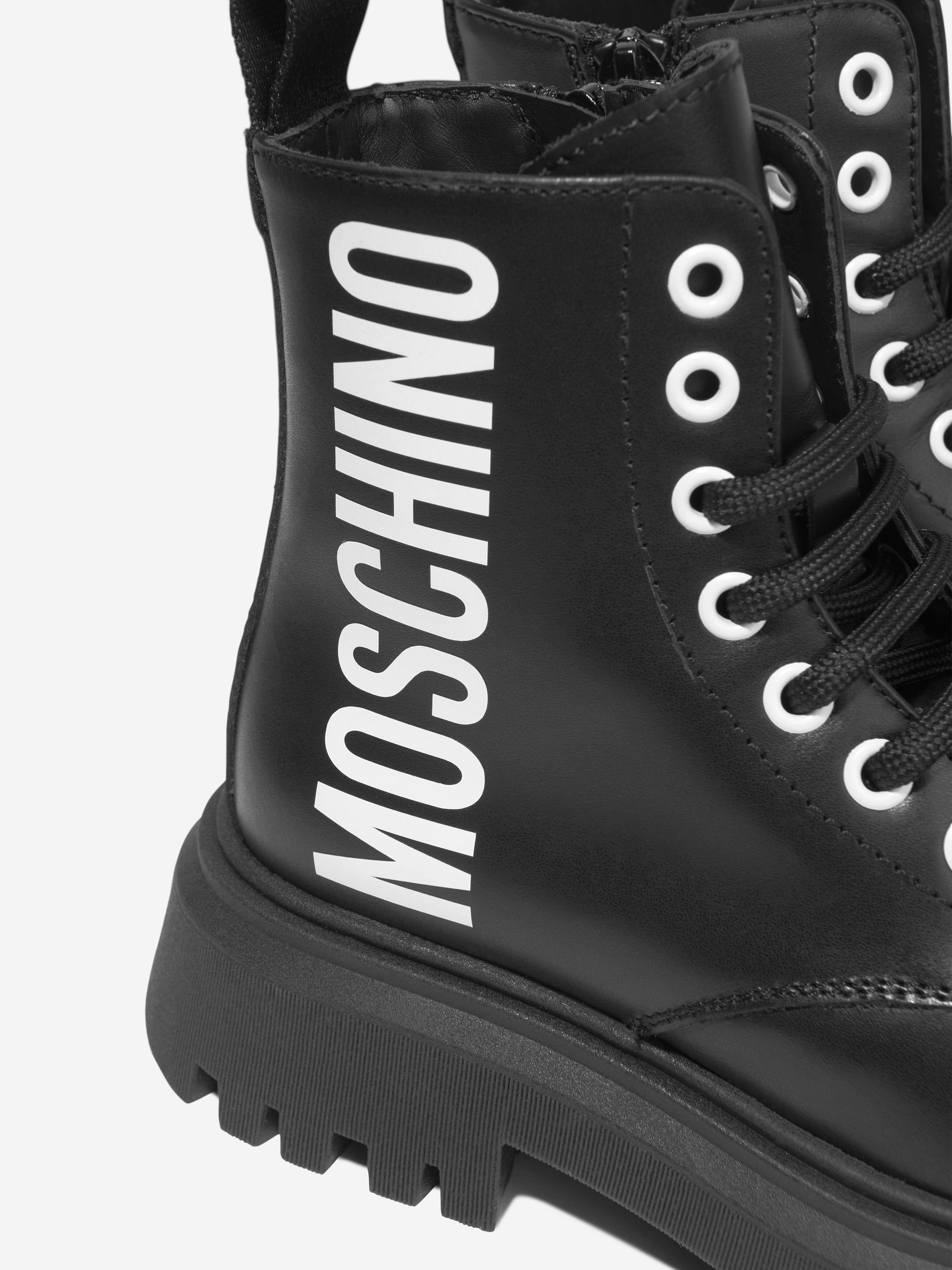 Moschino Kids Girls Leather Maxi Logo Lace Up Boots Childsplay