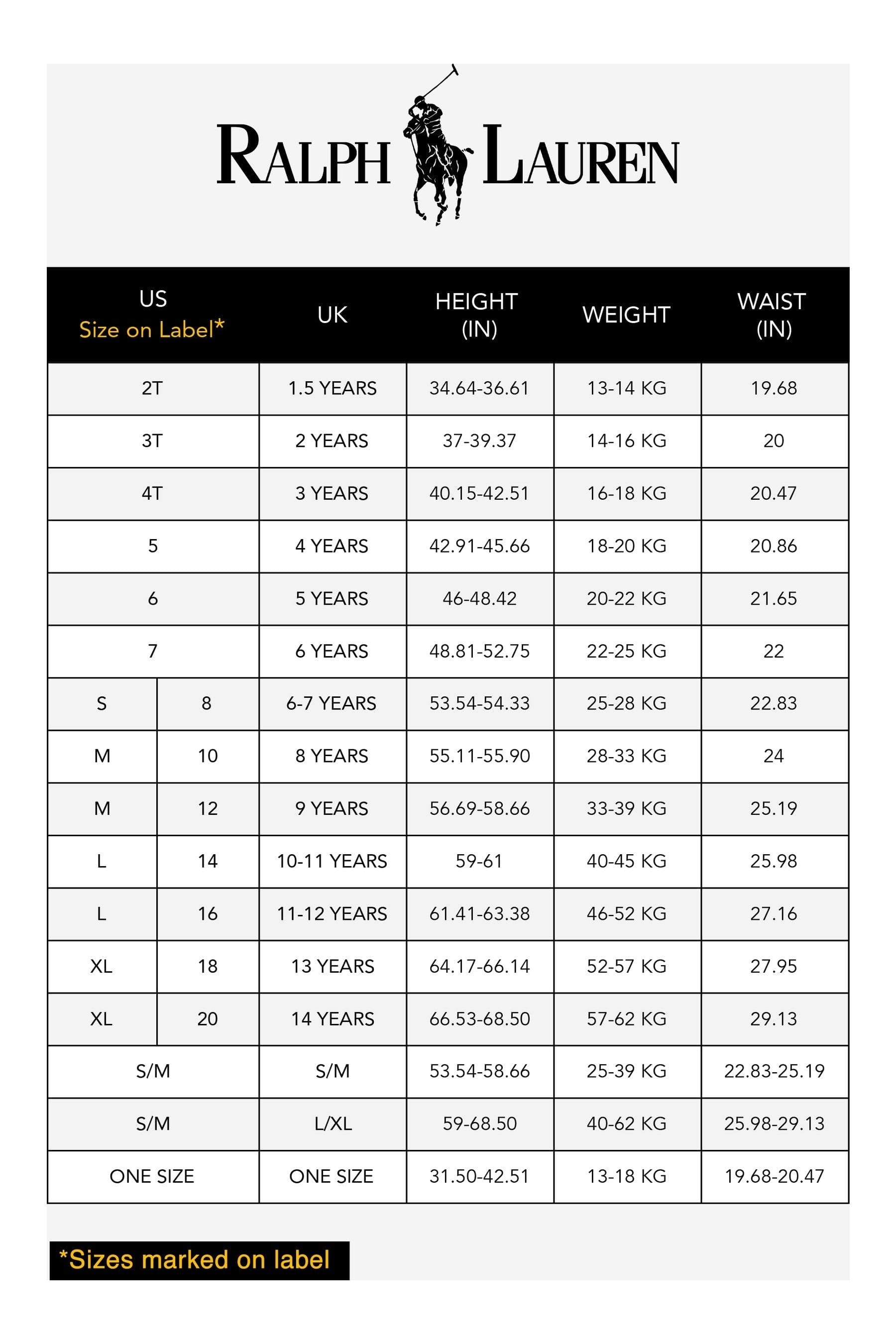 Polo ralph lauren t shirt size chart clearance